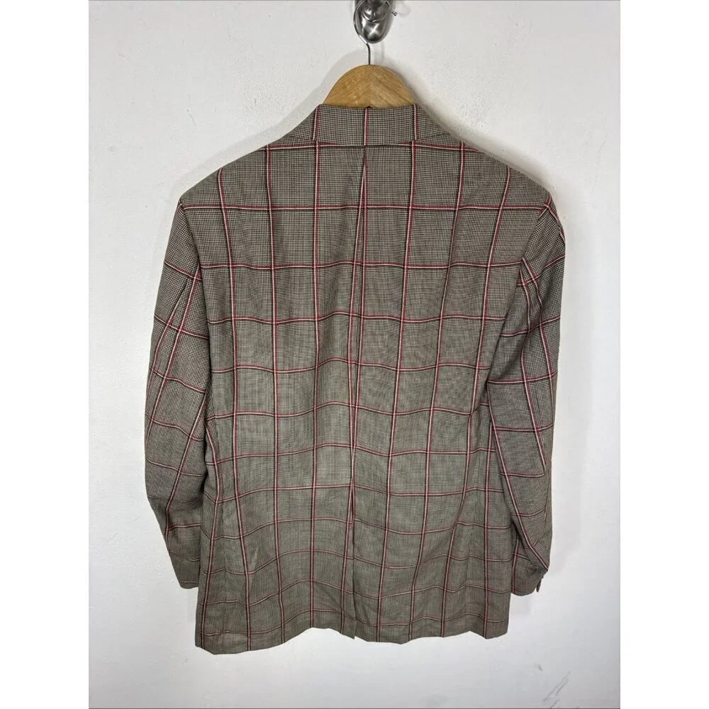 Vintage 70s 80s Men’s 40L Tall Wool Blazer Sport Coat Windowpane Plaid Retro Mod